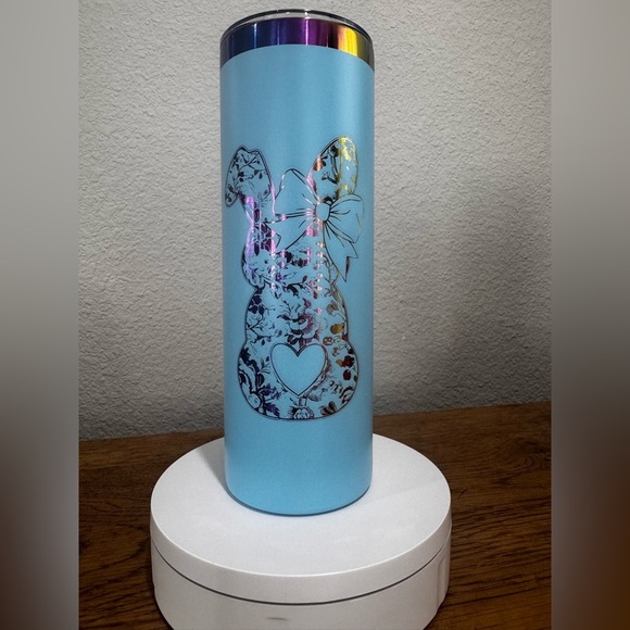 BLUE 20oz Rainbow Plated Powder Coated Skinny Tumblers BLUE FLORAL BOW - Picture 2 of 7